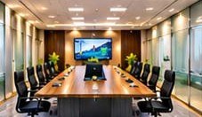 Conference room with a long table and display screen