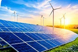 Solar panels and wind turbines at sunset