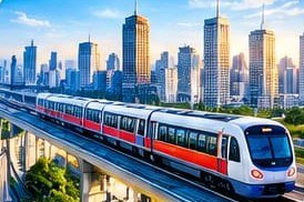 Metro train on an elevated track in front of a city skyline